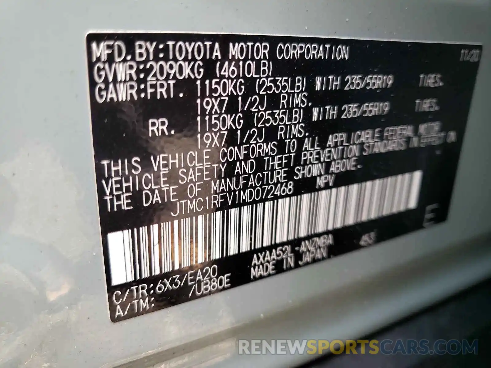 10 Фотография поврежденного автомобиля JTMC1RFV1MD072468 TOYOTA RAV4 2021