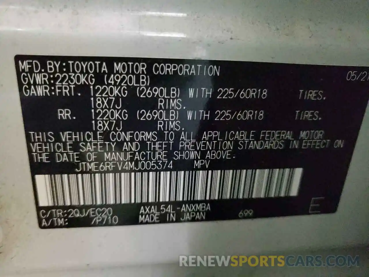 10 Фотография поврежденного автомобиля JTME6RFV4MJ005374 TOYOTA RAV4 2021