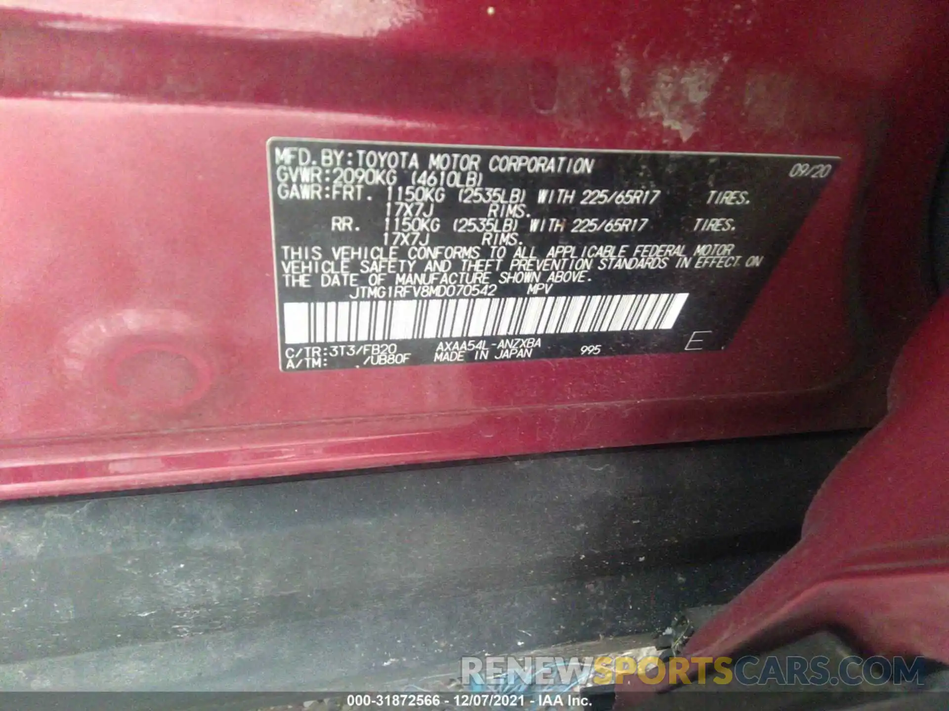 9 Фотография поврежденного автомобиля JTMG1RFV8MD070542 TOYOTA RAV4 2021