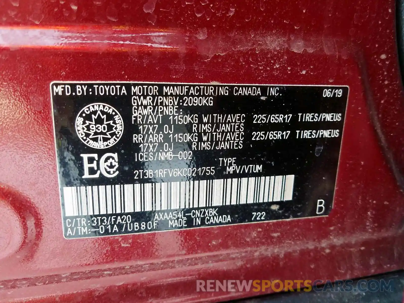 10 Photograph of a damaged car 2T3B1RFV6KC021755 TOYOTA RAV4 LE 2019