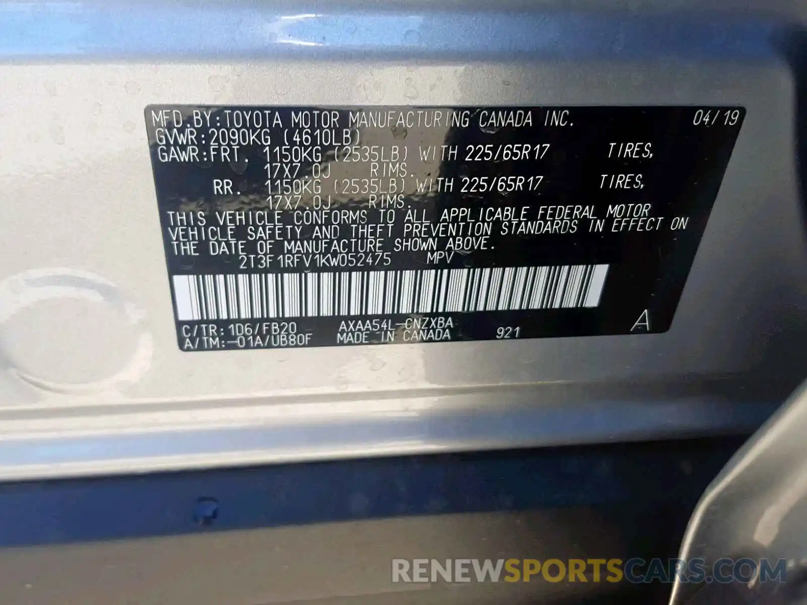 10 Photograph of a damaged car 2T3F1RFV1KW052475 TOYOTA RAV4 LE 2019