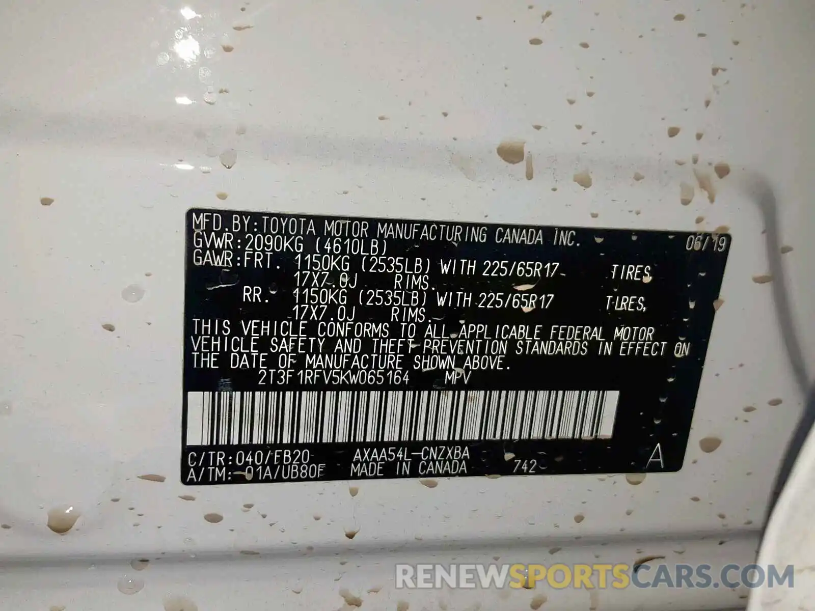 10 Photograph of a damaged car 2T3F1RFV5KW065164 TOYOTA RAV4 LE 2019