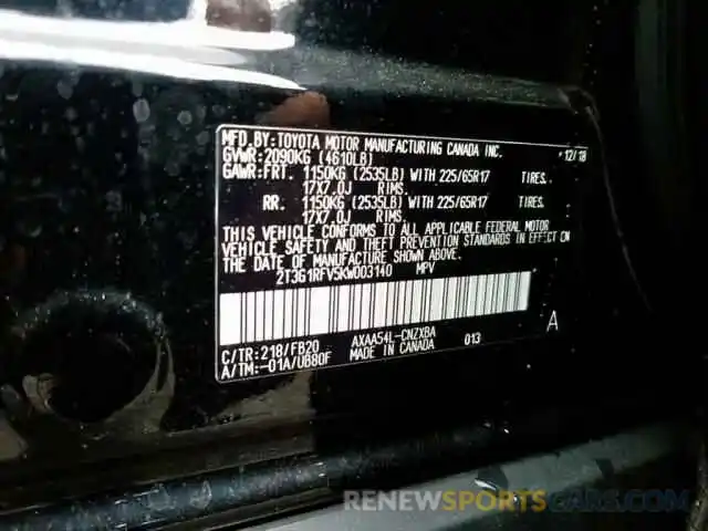 9 Photograph of a damaged car 2T3G1RFV5KW003140 TOYOTA RAV4 LE 2019