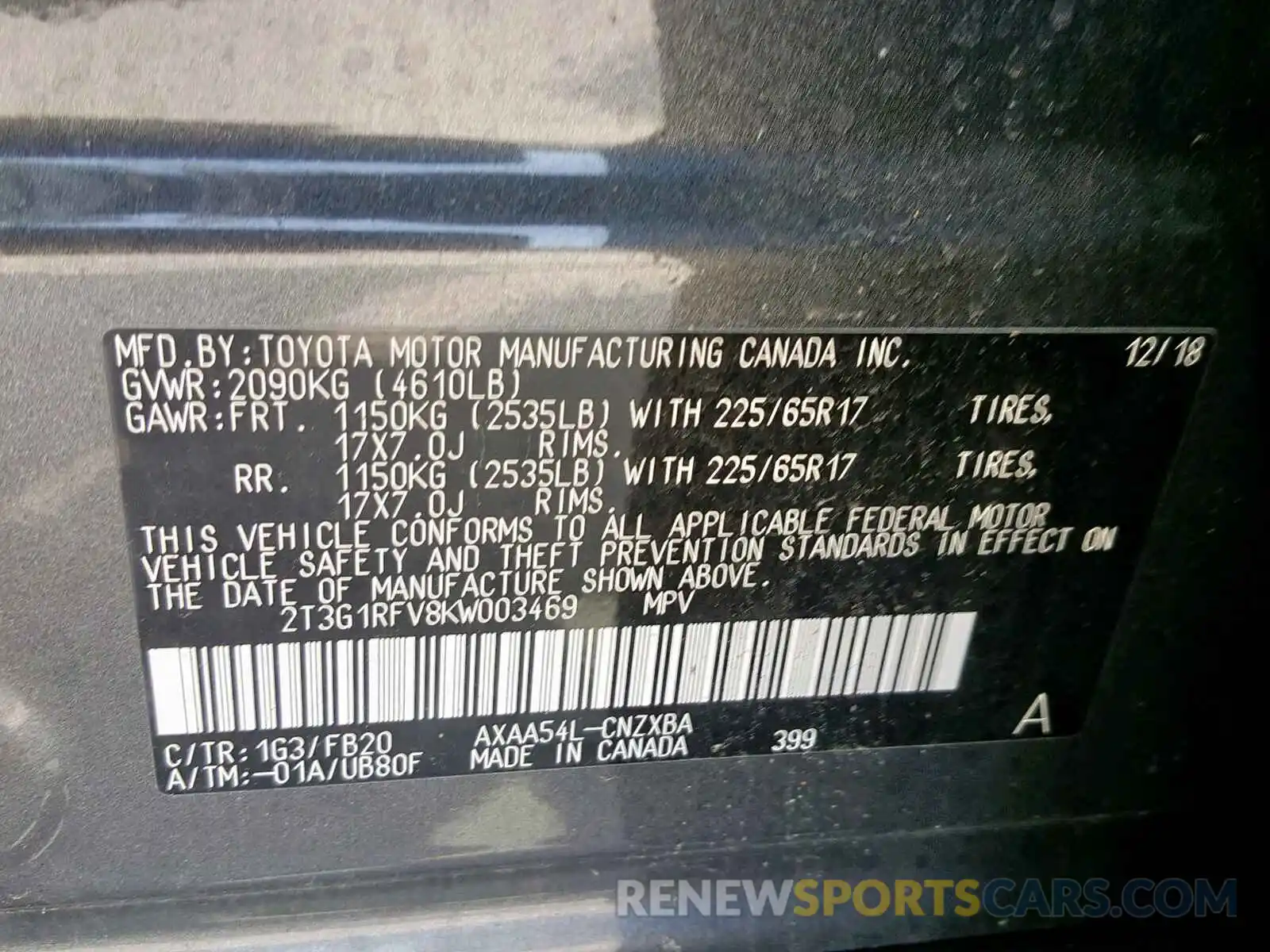 10 Photograph of a damaged car 2T3G1RFV8KW003469 TOYOTA RAV4 LE 2019