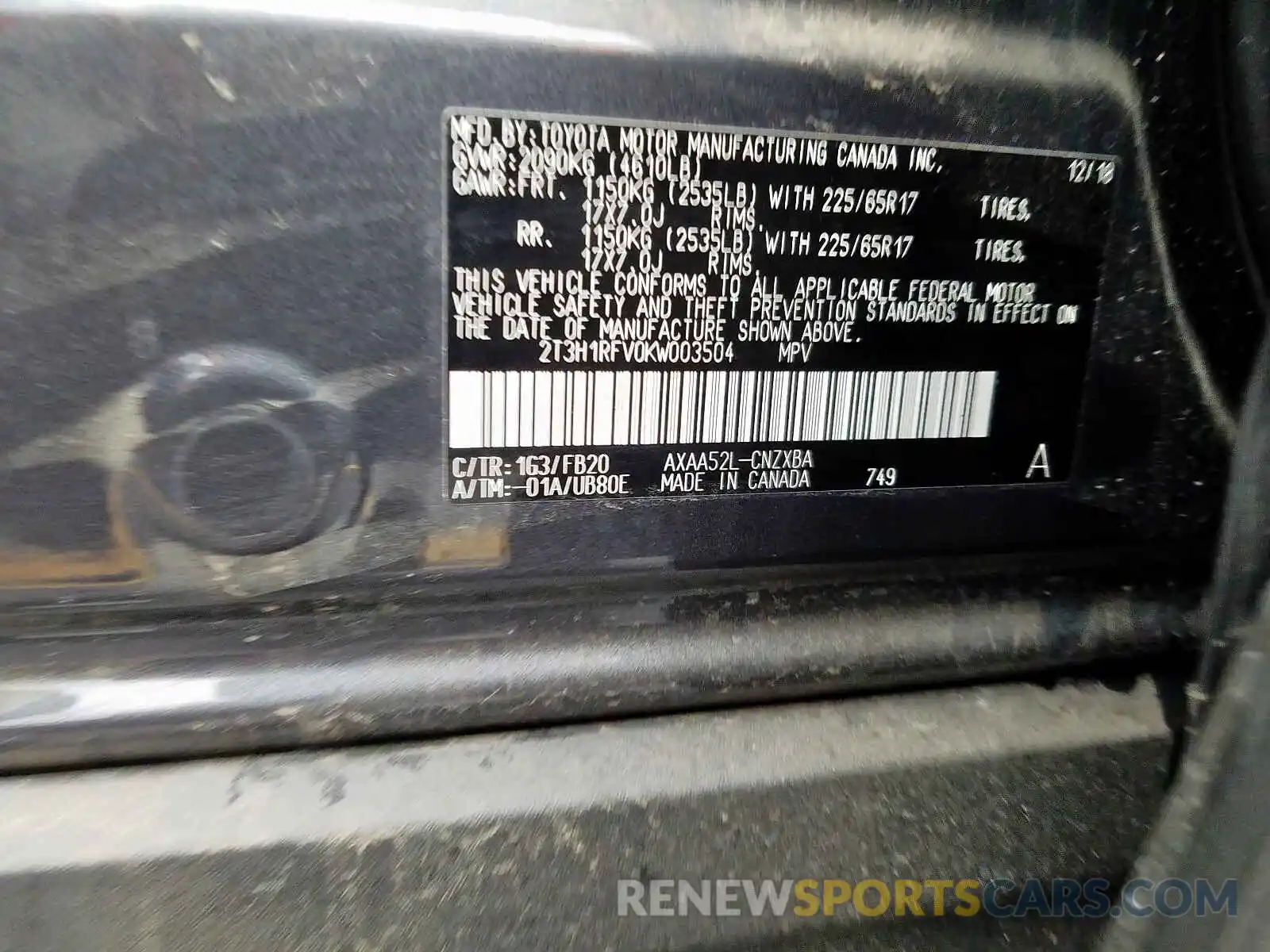 10 Photograph of a damaged car 2T3H1RFV0KW003504 TOYOTA RAV4 LE 2019