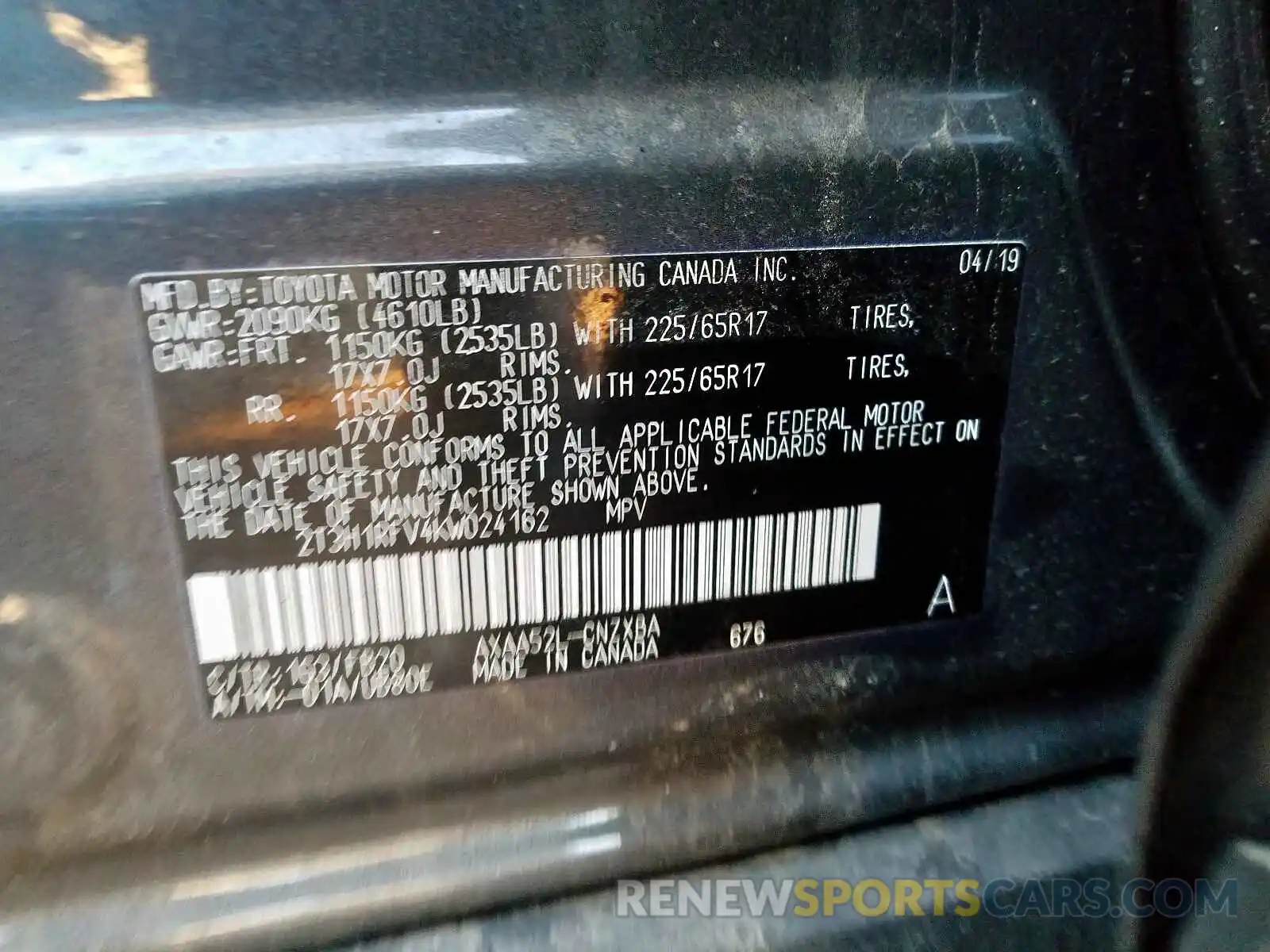 10 Photograph of a damaged car 2T3H1RFV4KW024162 TOYOTA RAV4 LE 2019