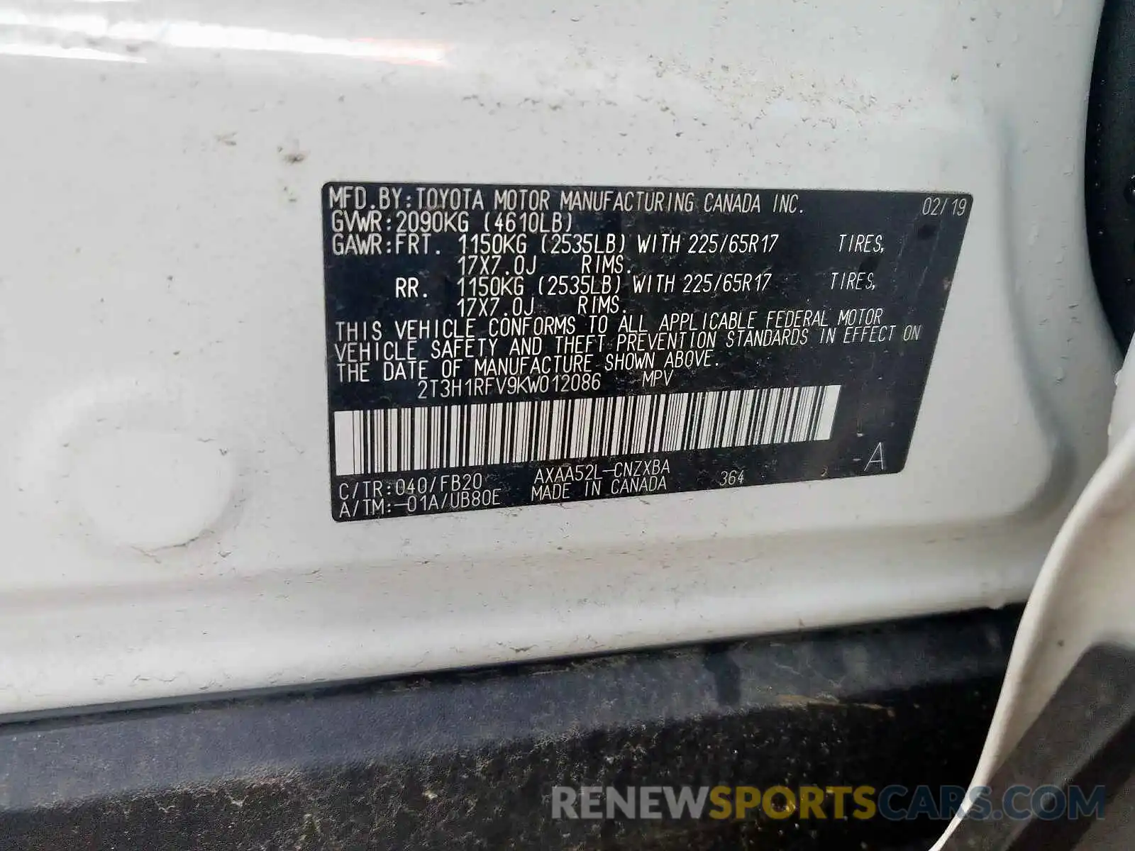 10 Photograph of a damaged car 2T3H1RFV9KW012086 TOYOTA RAV4 LE 2019