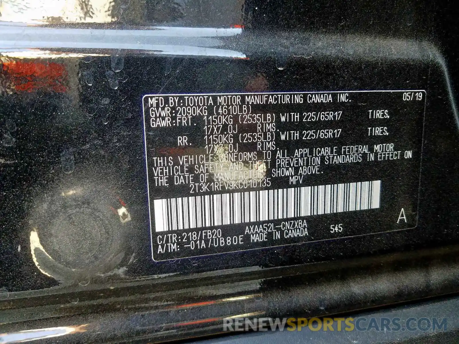 10 Photograph of a damaged car 2T3K1RFV9KC010135 TOYOTA RAV4 LE 2019