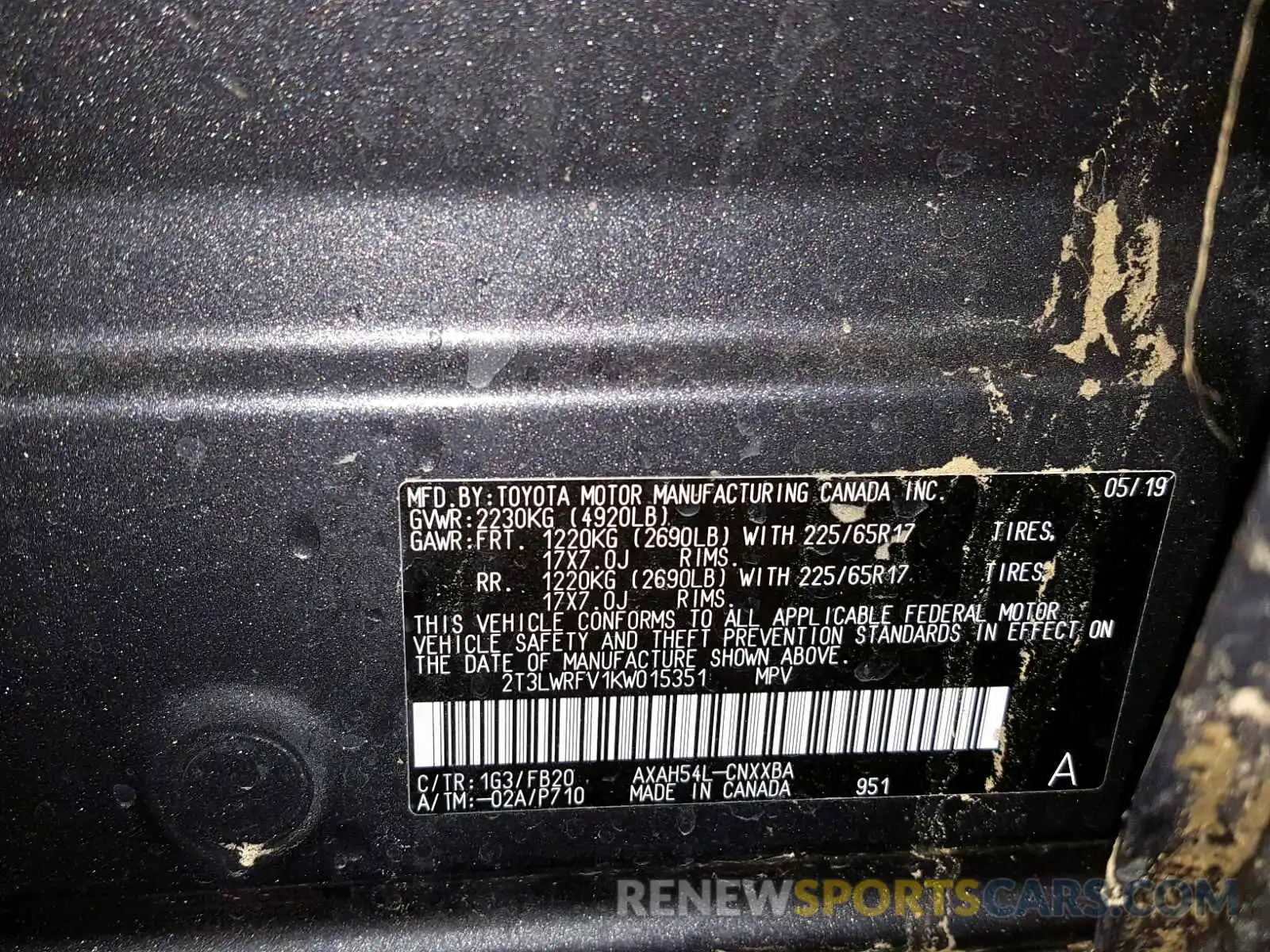 10 Photograph of a damaged car 2T3LWRFV1KW015351 TOYOTA RAV4 LE 2019