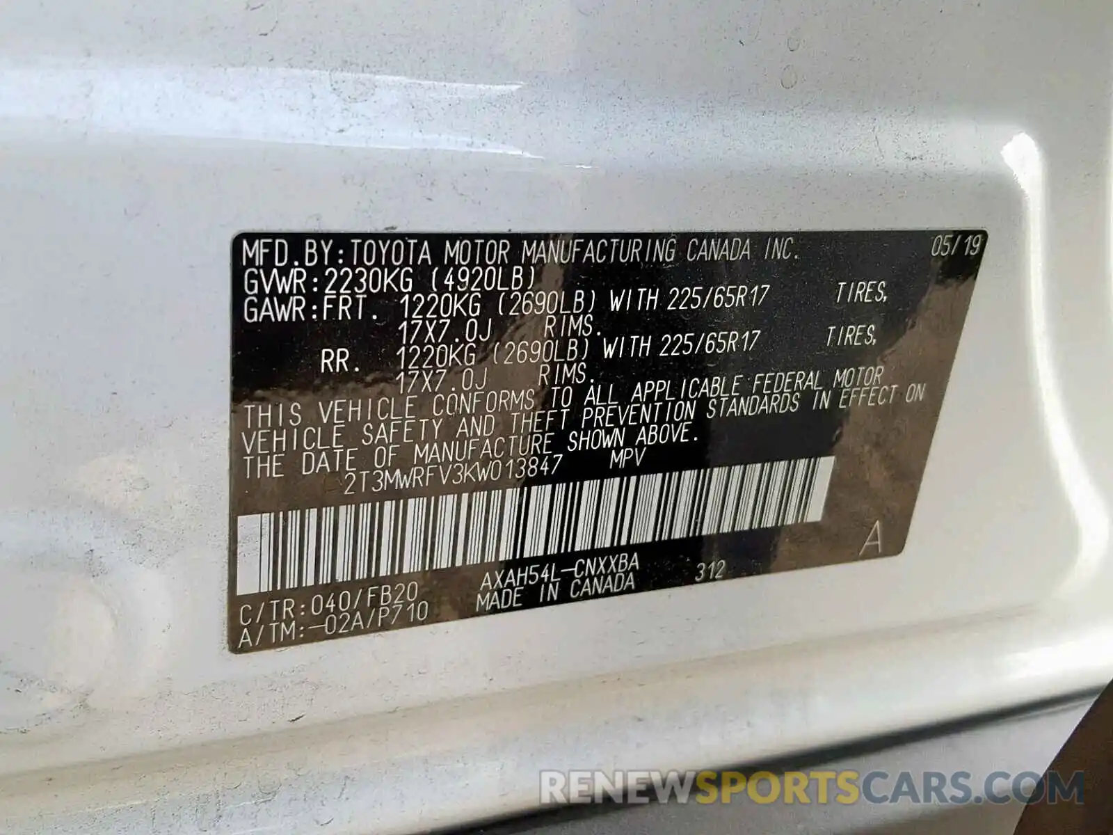 10 Photograph of a damaged car 2T3MWRFV3KW013847 TOYOTA RAV4 LE 2019