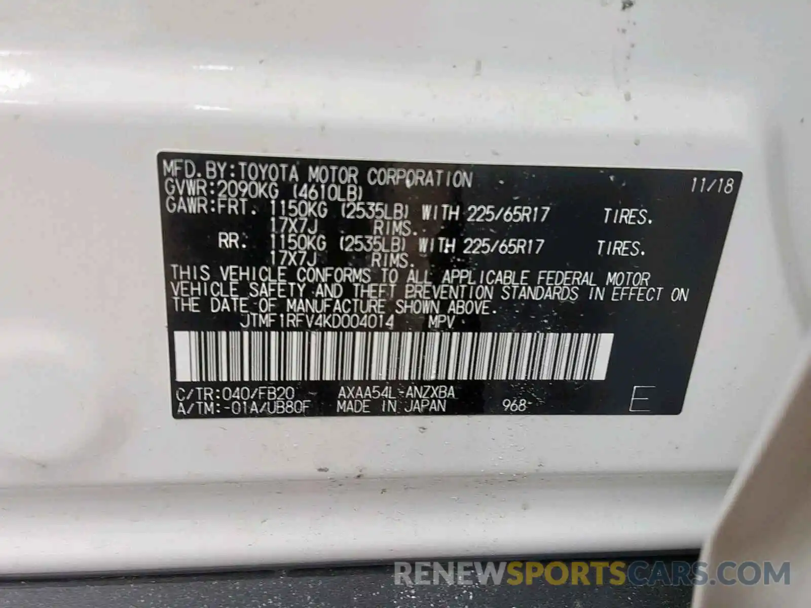 10 Фотография поврежденного автомобиля JTMF1RFV4KD004014 TOYOTA RAV4 LE 2019