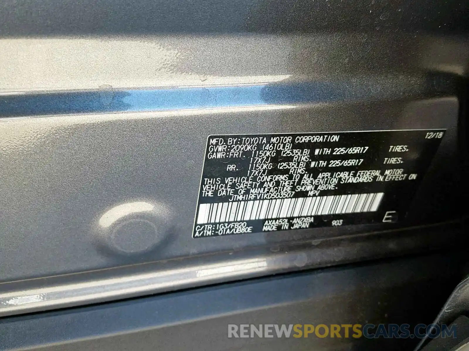 10 Photograph of a damaged car JTMH1RFV1KD503507 TOYOTA RAV4 LE 2019