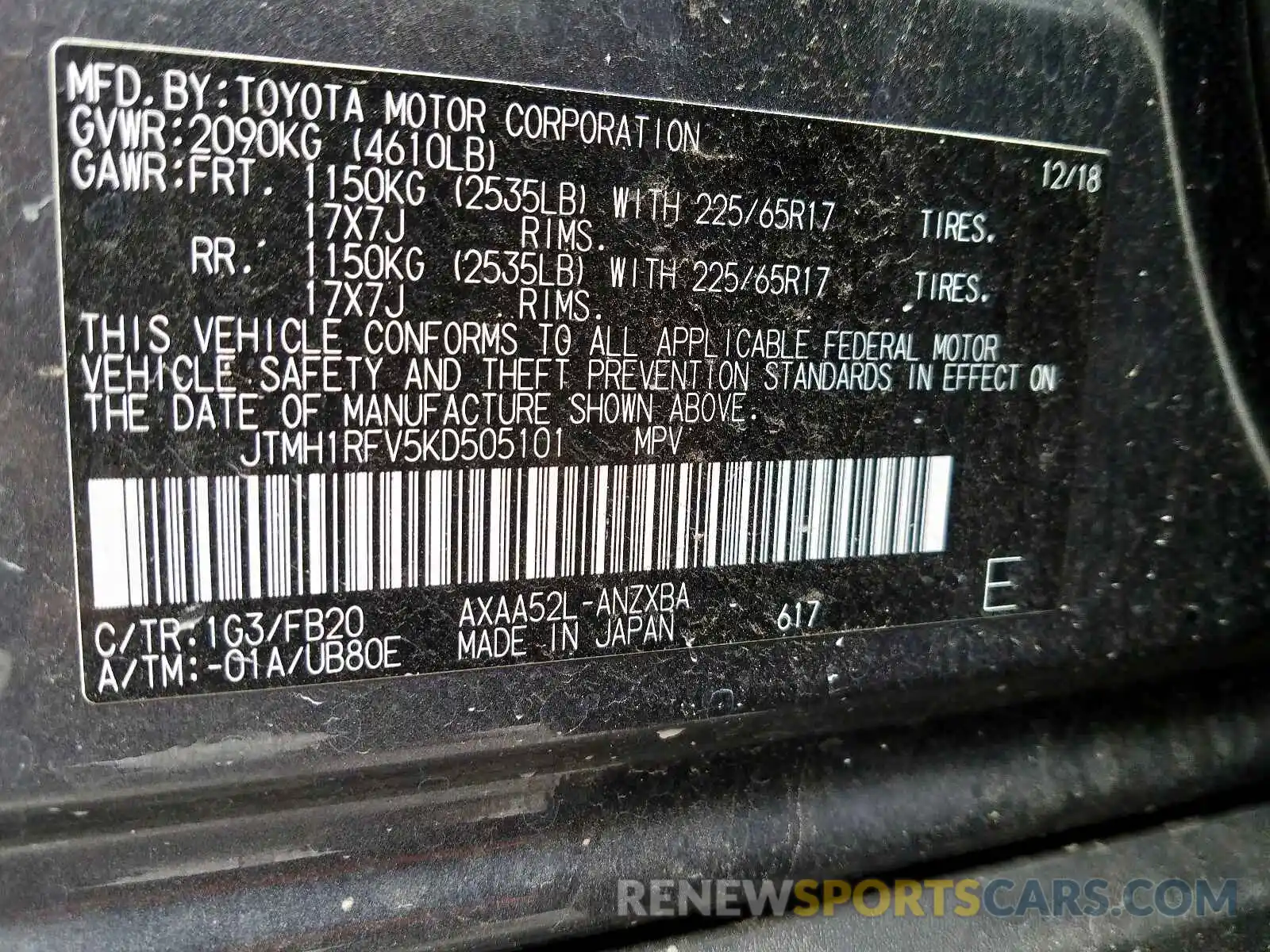 10 Фотография поврежденного автомобиля JTMH1RFV5KD505101 TOYOTA RAV4 LE 2019