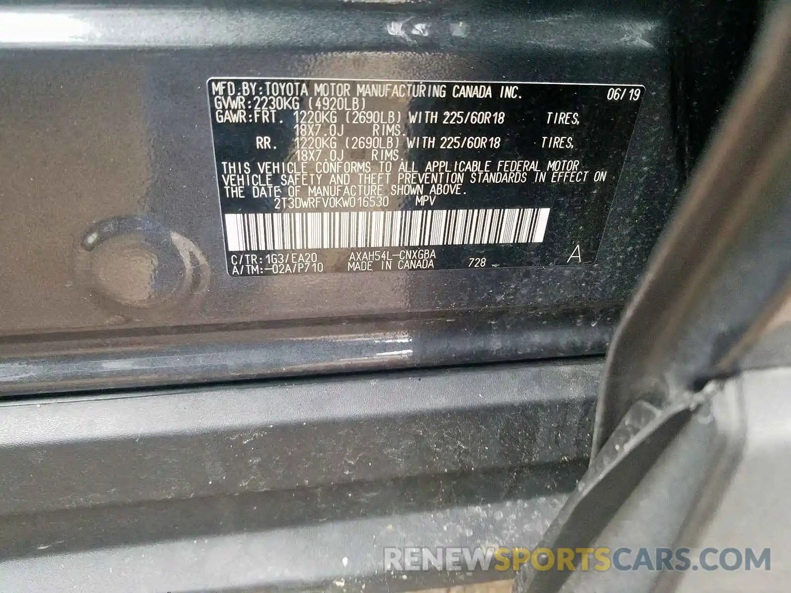 10 Photograph of a damaged car 2T3DWRFV0KW016530 TOYOTA RAV4 LIMIT 2019