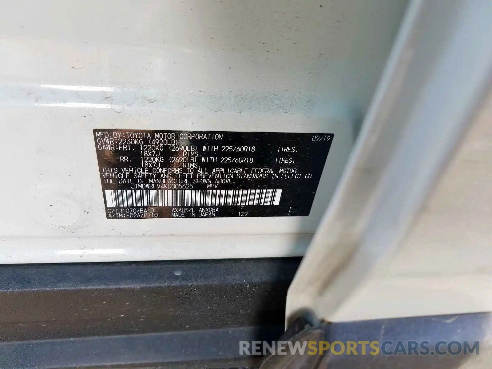 10 Photograph of a damaged car JTMDWRFV4KD005625 TOYOTA RAV4 LIMIT 2019