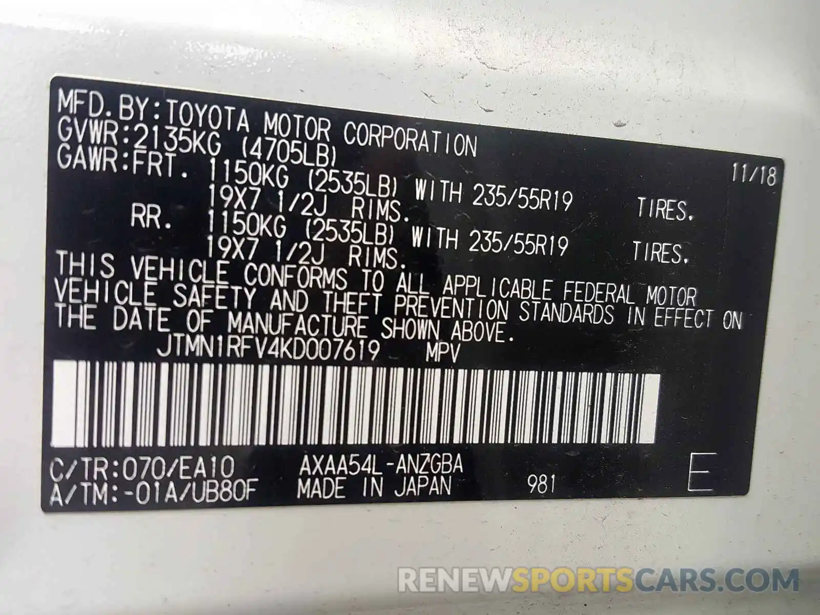 10 Фотография поврежденного автомобиля JTMN1RFV4KD007619 TOYOTA RAV4 LIMIT 2019