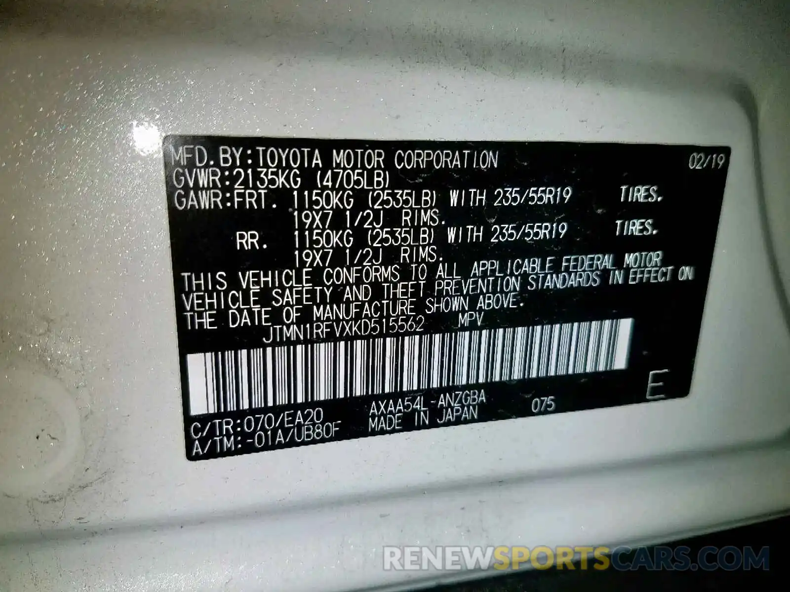 10 Фотография поврежденного автомобиля JTMN1RFVXKD515562 TOYOTA RAV4 LIMIT 2019