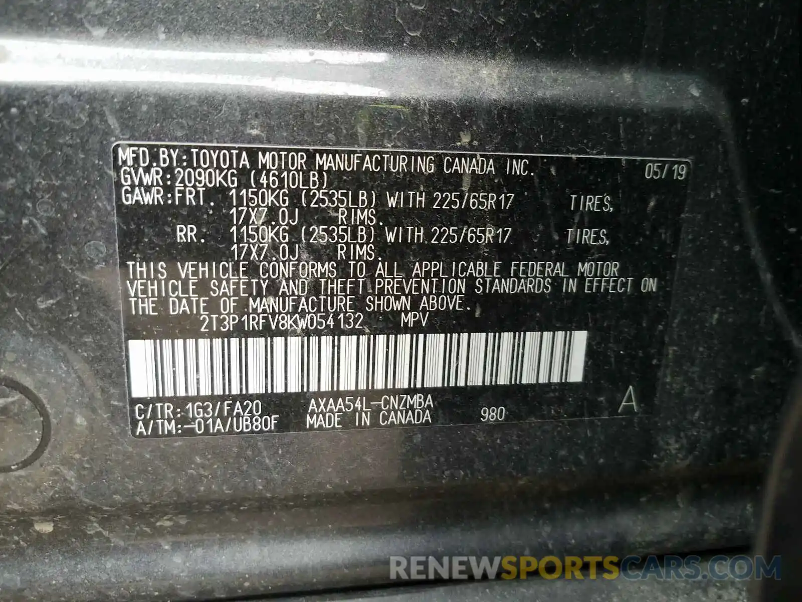 10 Photograph of a damaged car 2T3P1RFV8KW054132 TOYOTA RAV4 XLE 2019