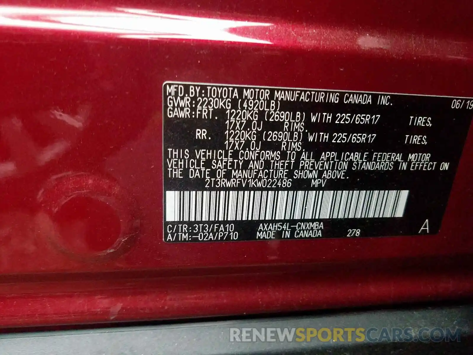 10 Photograph of a damaged car 2T3RWRFV1KW022486 TOYOTA RAV4 XLE 2019