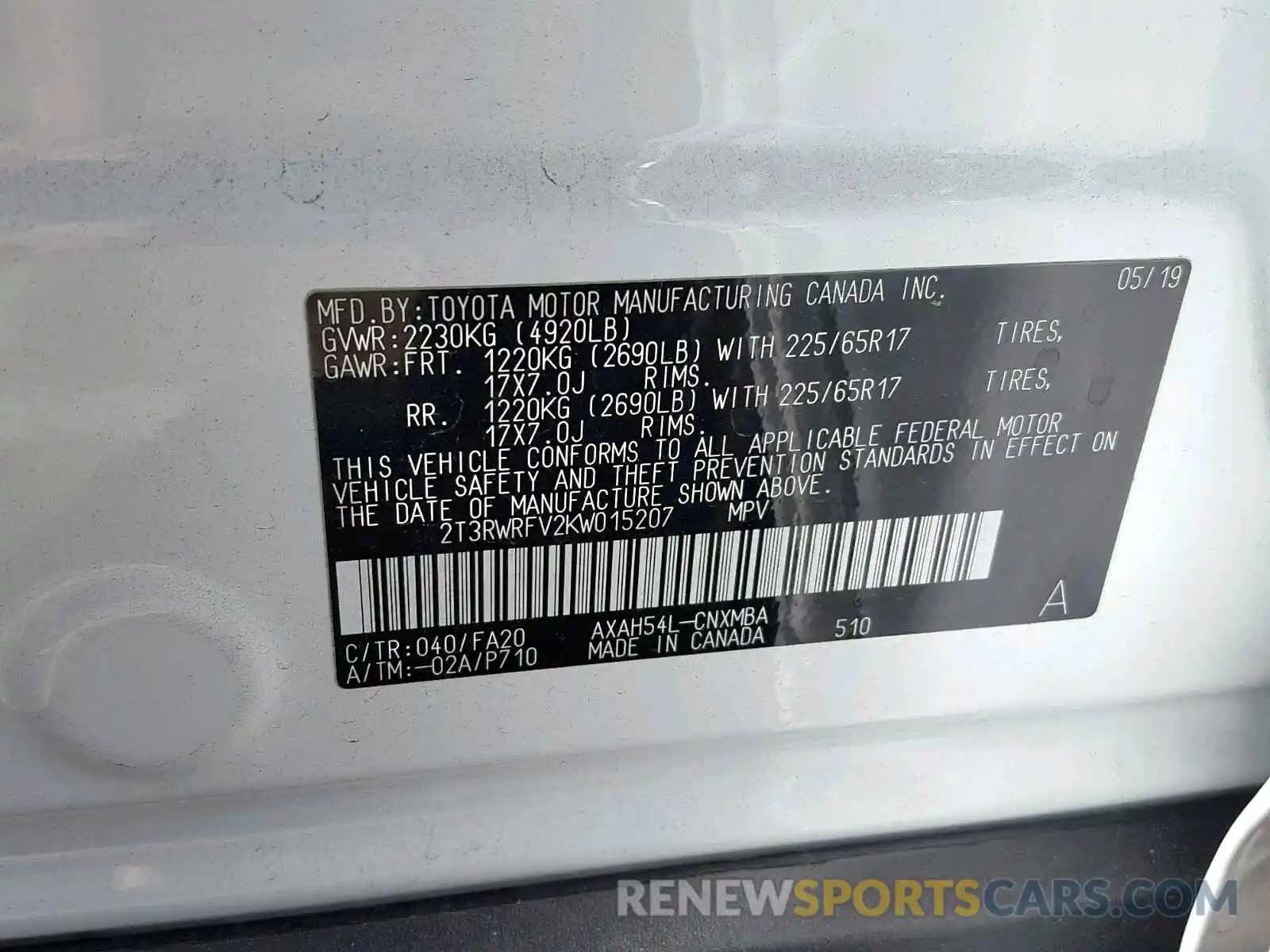 10 Photograph of a damaged car 2T3RWRFV2KW015207 TOYOTA RAV4 XLE 2019