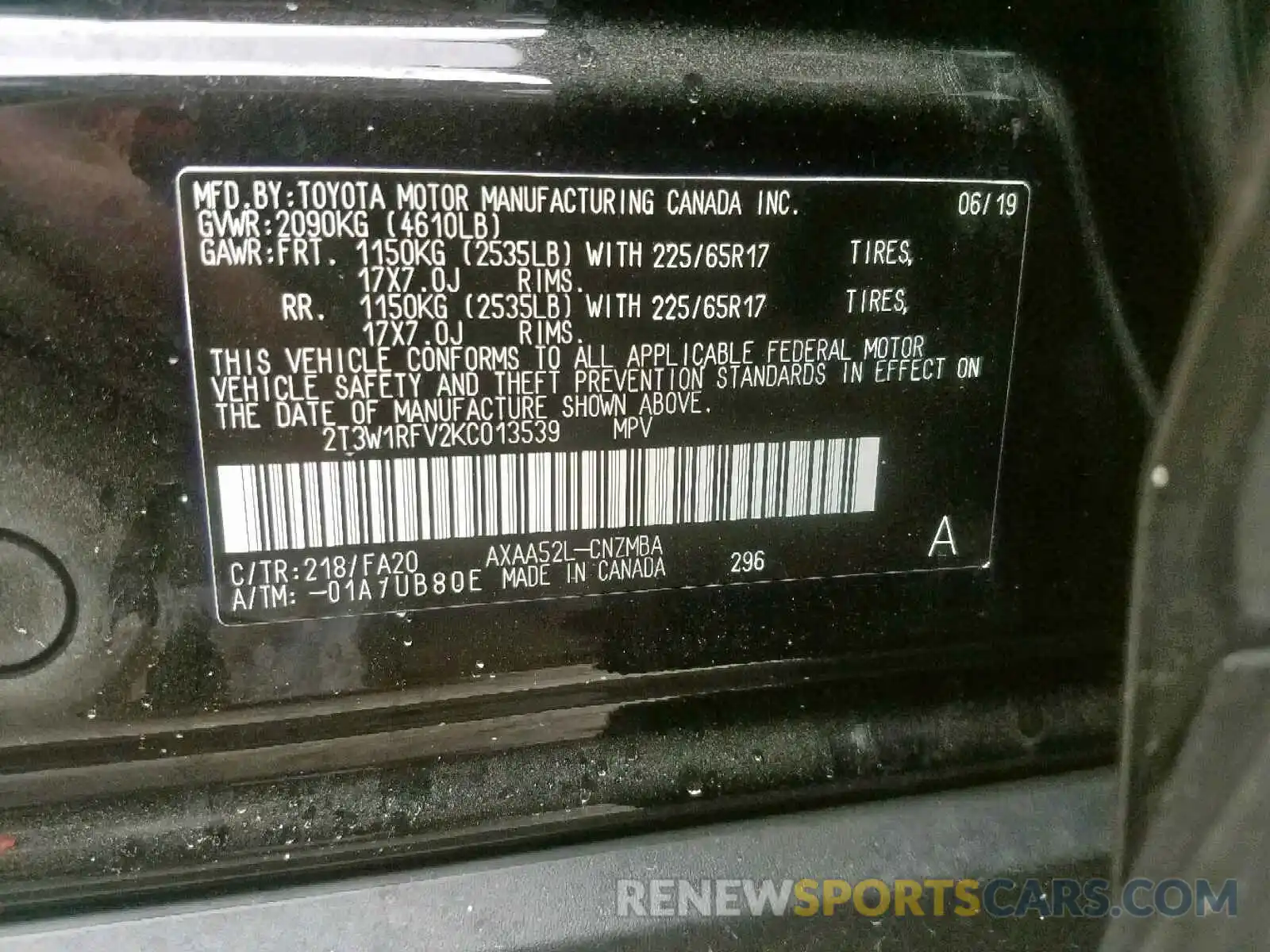 10 Фотография поврежденного автомобиля 2T3W1RFV2KC013539 TOYOTA RAV4 XLE 2019