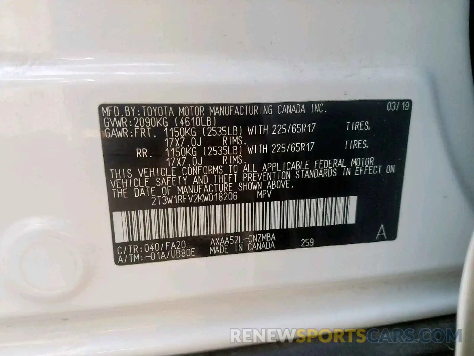 10 Photograph of a damaged car 2T3W1RFV2KW018206 TOYOTA RAV4 XLE 2019