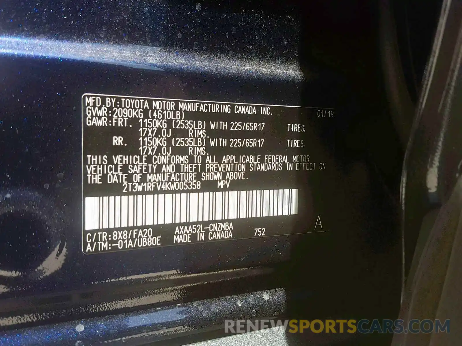 10 Photograph of a damaged car 2T3W1RFV4KW005358 TOYOTA RAV4 XLE 2019