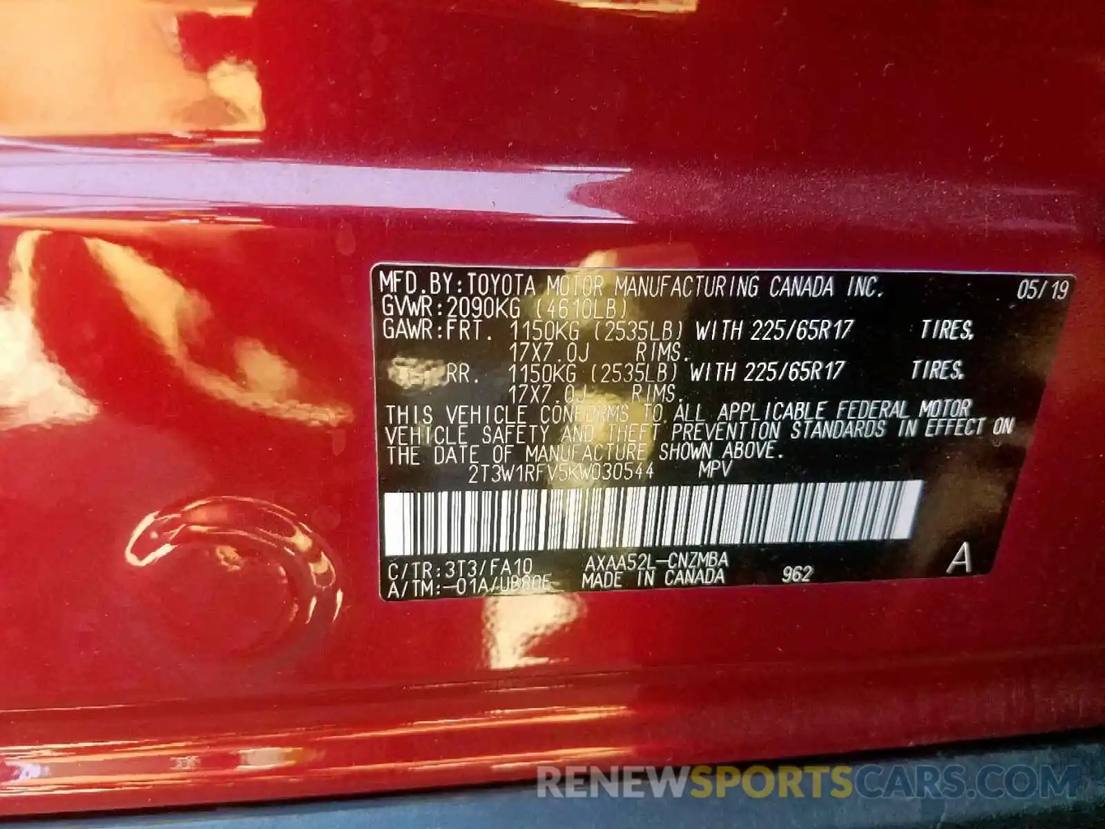 10 Photograph of a damaged car 2T3W1RFV5KW030544 TOYOTA RAV4 XLE 2019