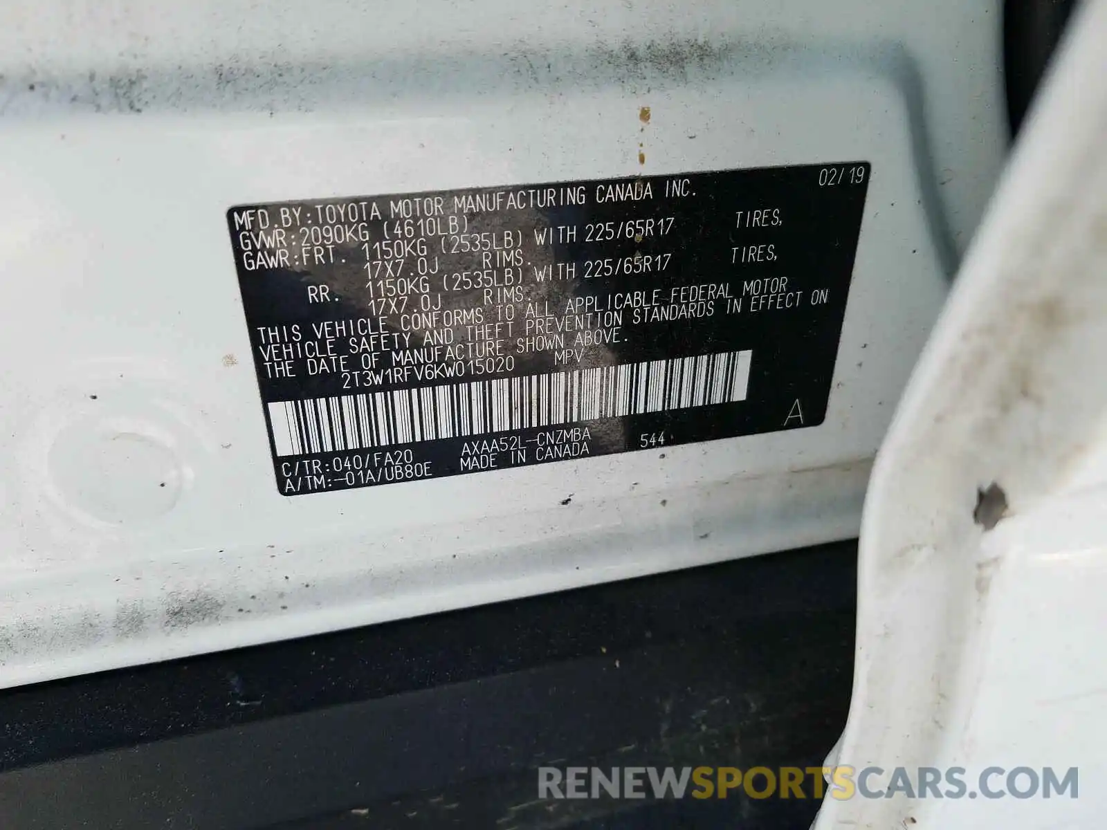 10 Photograph of a damaged car 2T3W1RFV6KW015020 TOYOTA RAV4 XLE 2019