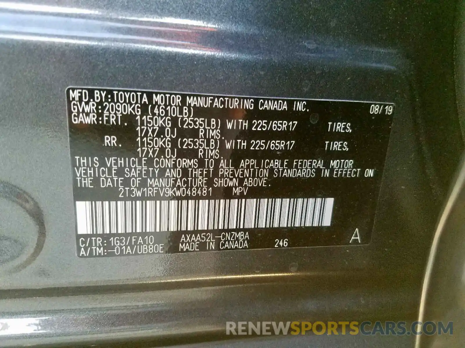 9 Photograph of a damaged car 2T3W1RFV9KW048481 TOYOTA RAV4 XLE 2019