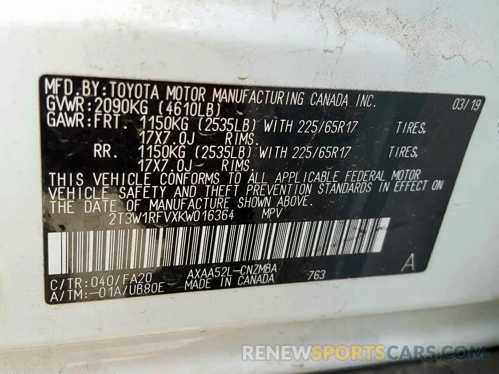 10 Photograph of a damaged car 2T3W1RFVXKW016364 TOYOTA RAV4 XLE 2019