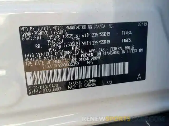 10 Photograph of a damaged car 2T3A1RFV9KW035353 TOYOTA RAV4 XLE P 2019