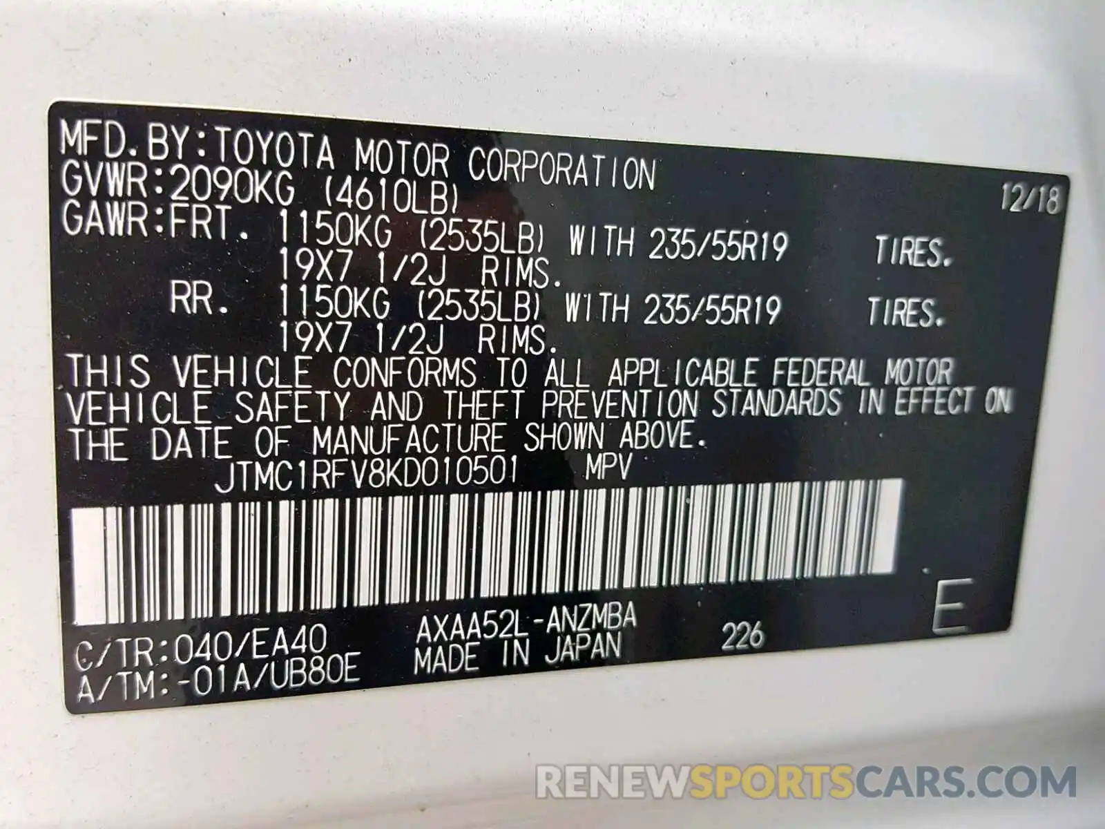 10 Фотография поврежденного автомобиля JTMC1RFV8KD010501 TOYOTA RAV4 XLE P 2019