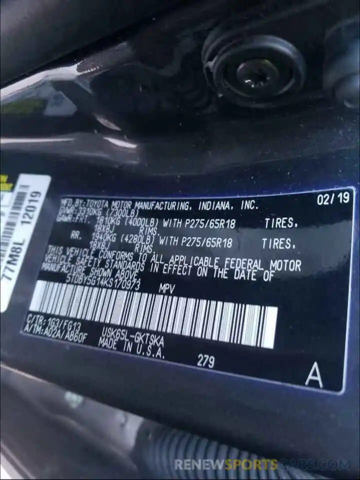 10 Photograph of a damaged car 5TDBY5G14KS170973 TOYOTA SEQUOIA 2019