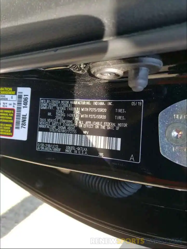 10 Photograph of a damaged car 5TDJY5G1XKS172755 TOYOTA SEQUOIA 2019