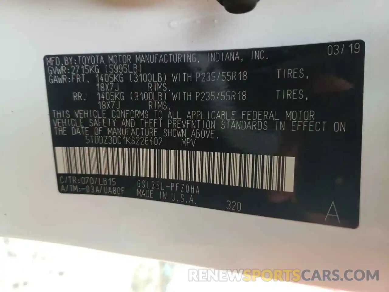 10 Photograph of a damaged car 5TDDZ3DC1KS226402 TOYOTA SIENNA 2019