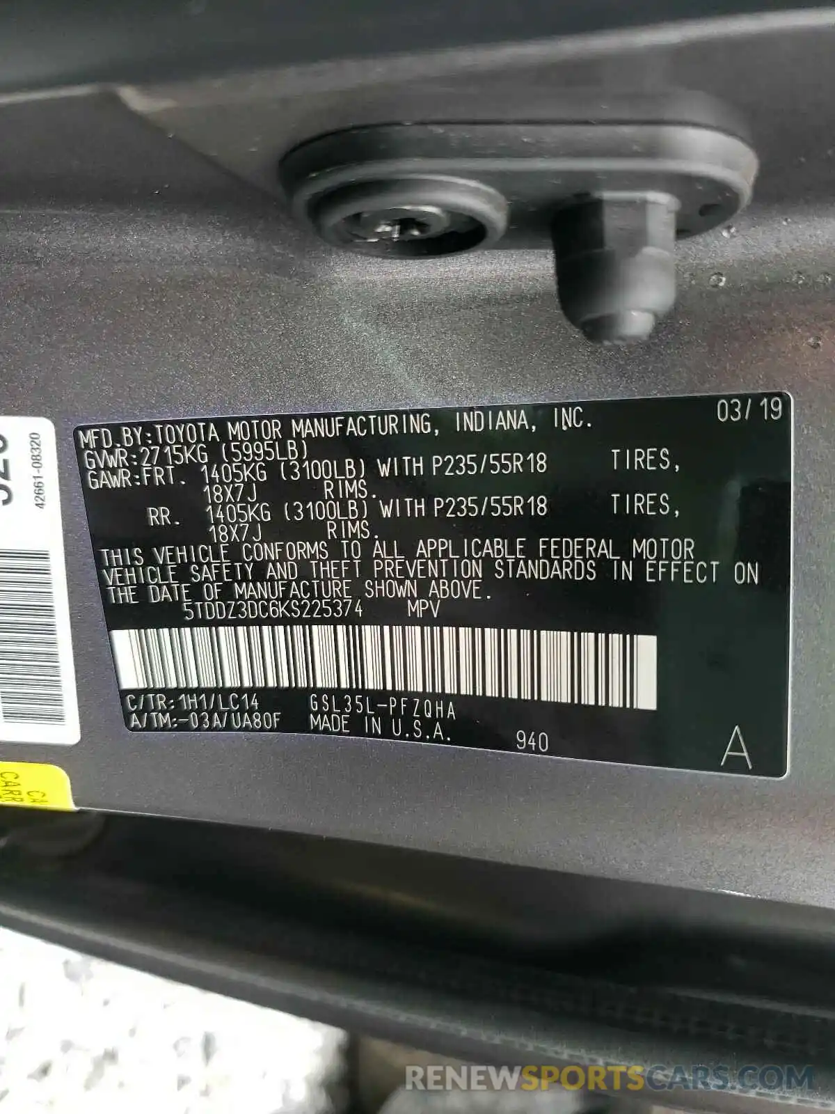 10 Photograph of a damaged car 5TDDZ3DC6KS225374 TOYOTA SIENNA 2019