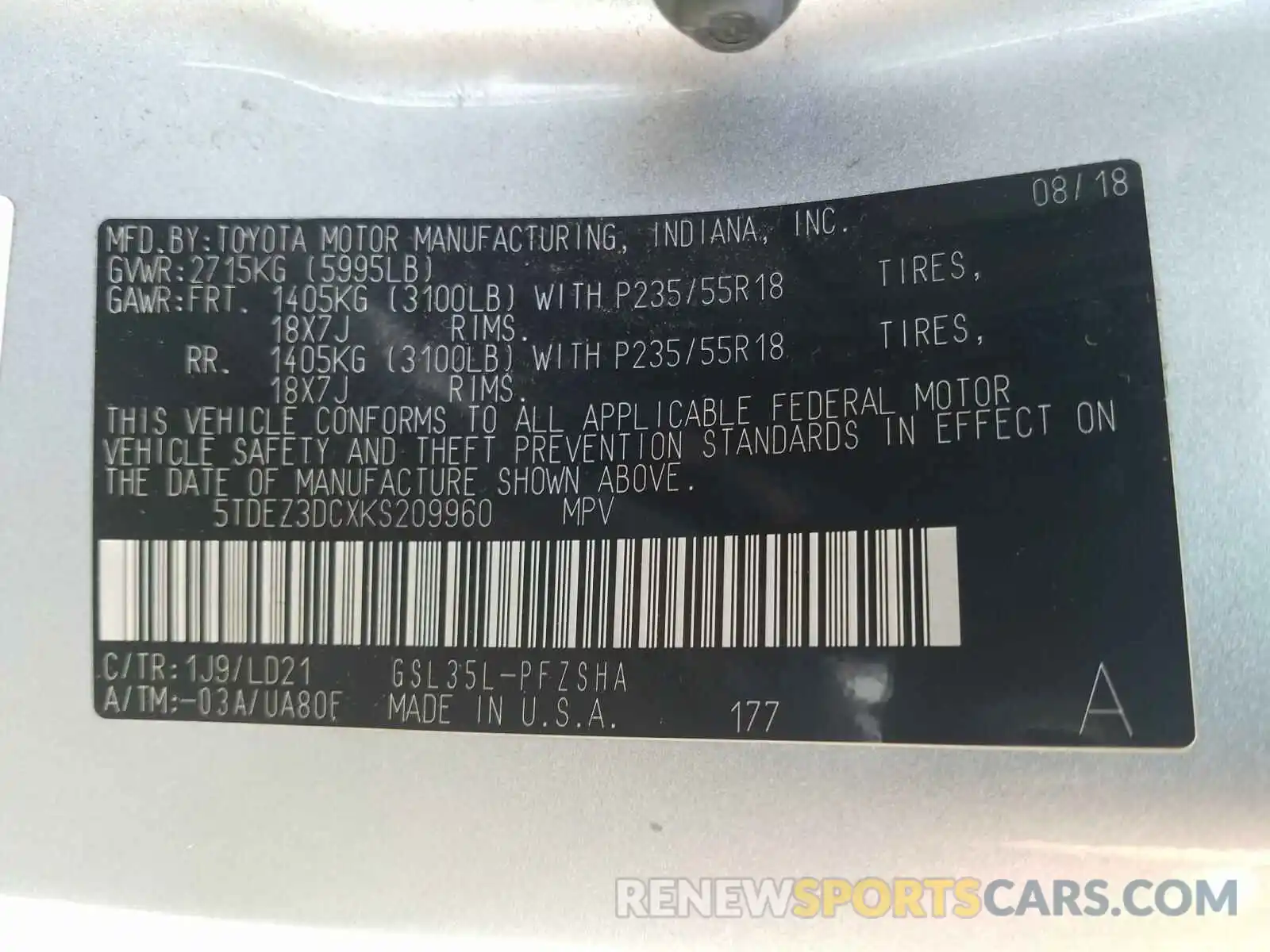 10 Photograph of a damaged car 5TDEZ3DCXKS209960 TOYOTA SIENNA 2019