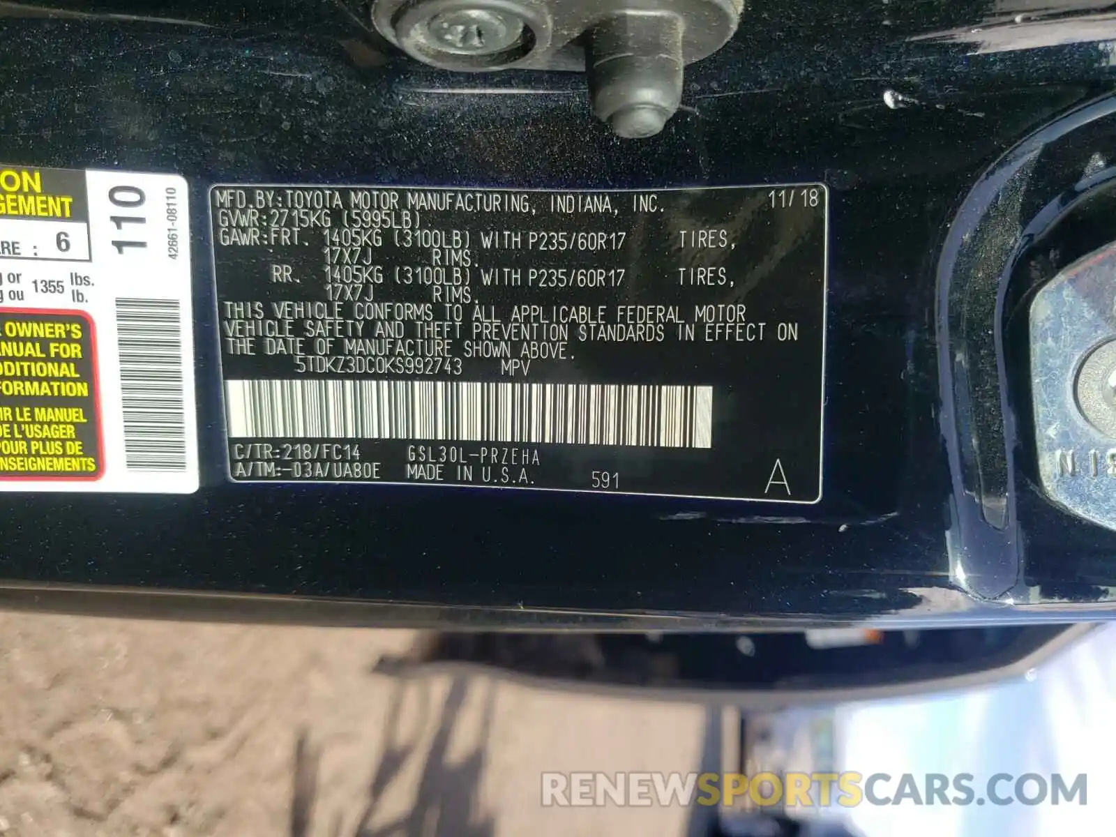 10 Photograph of a damaged car 5TDKZ3DC0KS992743 TOYOTA SIENNA 2019