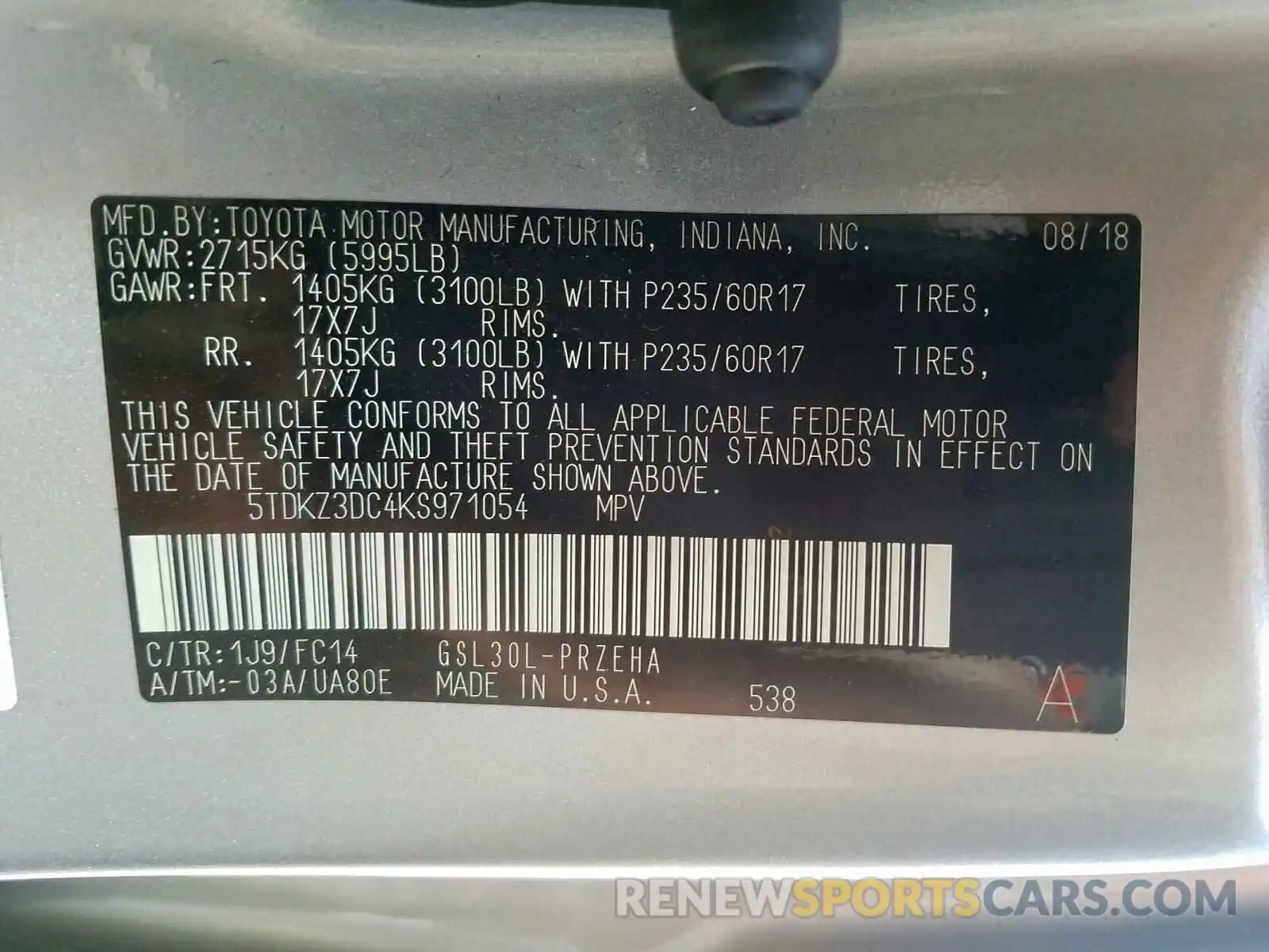 9 Photograph of a damaged car 5TDKZ3DC4KS971054 TOYOTA SIENNA 2019