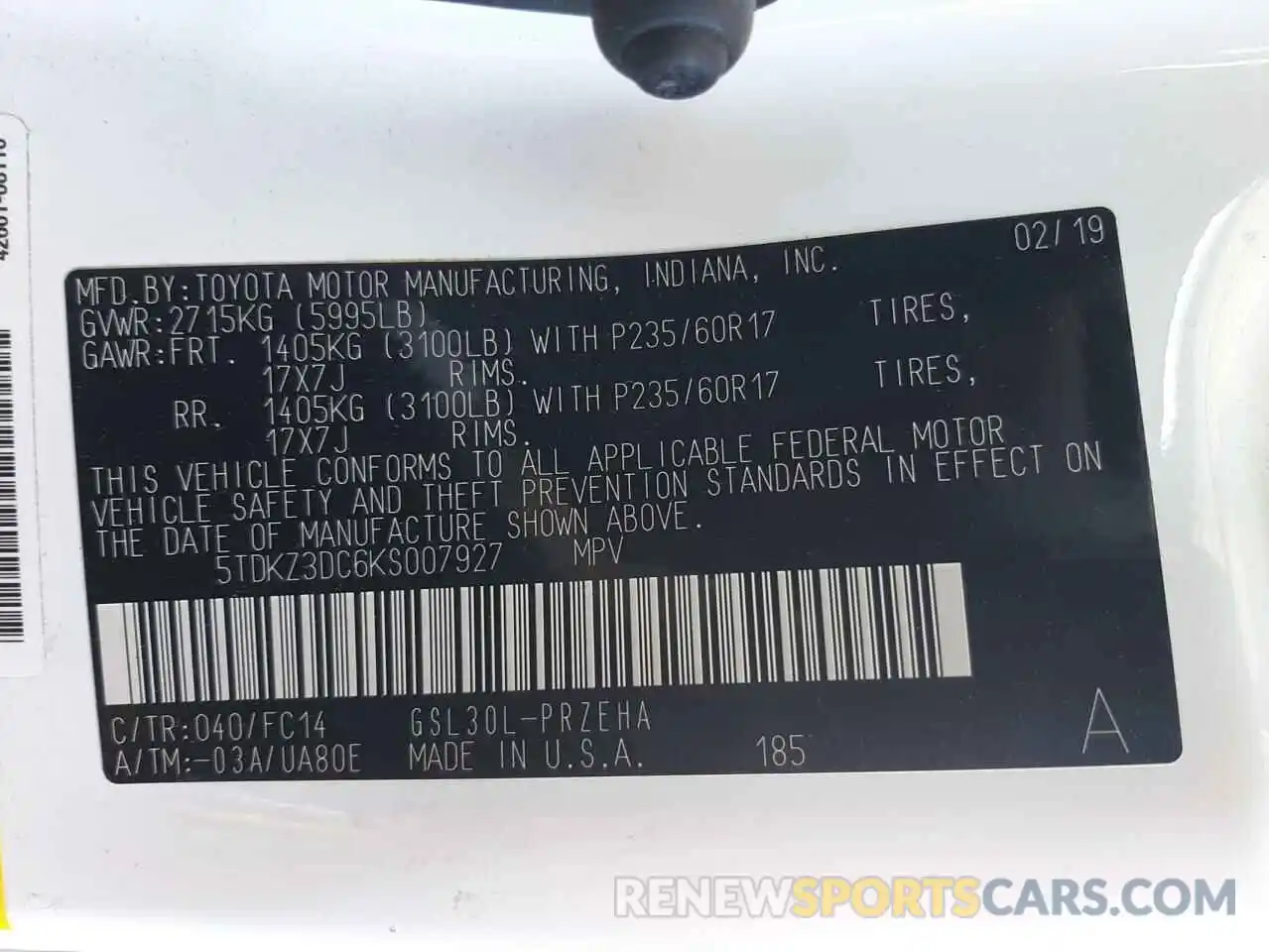 10 Photograph of a damaged car 5TDKZ3DC6KS007927 TOYOTA SIENNA 2019