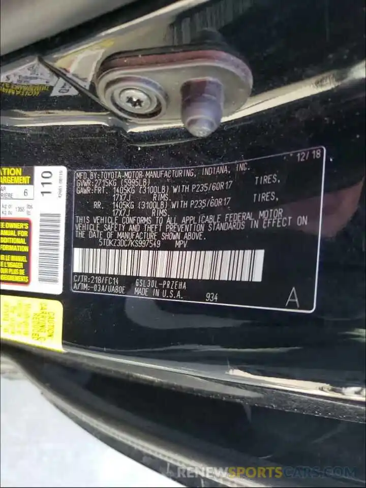 10 Photograph of a damaged car 5TDKZ3DC7KS997549 TOYOTA SIENNA 2019