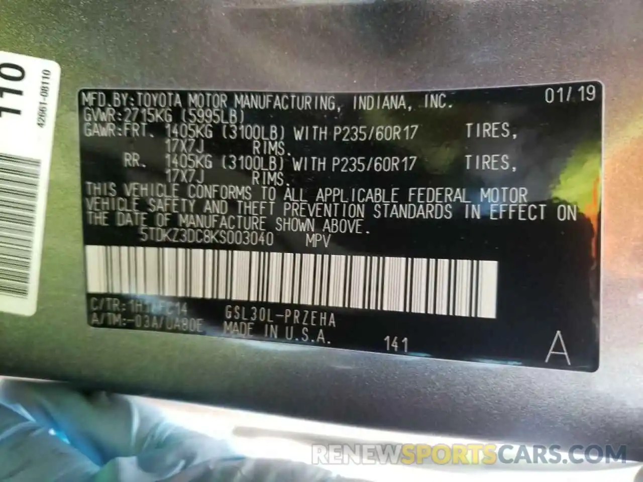 10 Photograph of a damaged car 5TDKZ3DC8KS003040 TOYOTA SIENNA 2019