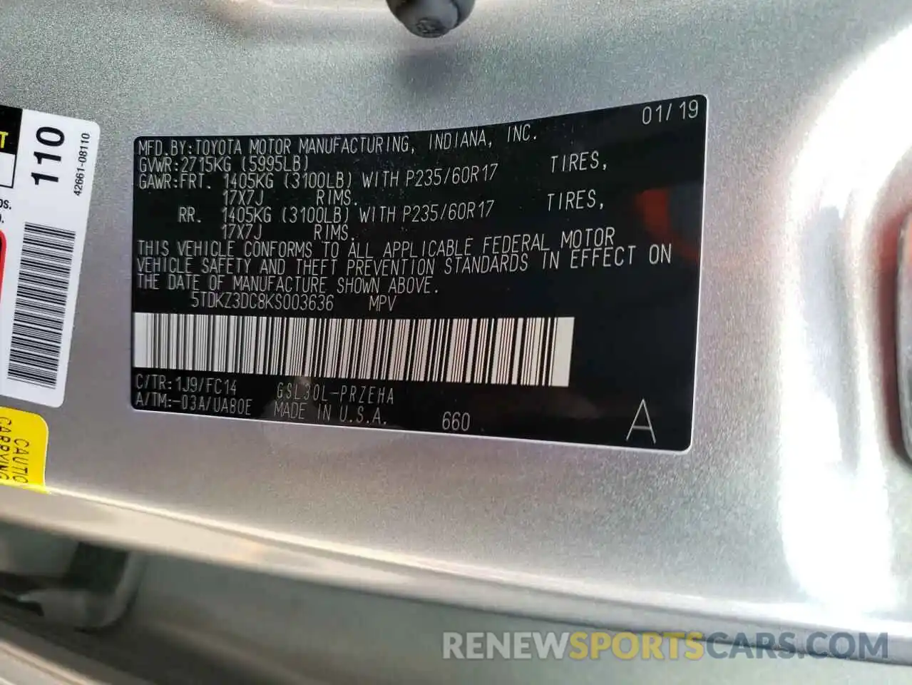 10 Photograph of a damaged car 5TDKZ3DC8KS003636 TOYOTA SIENNA 2019