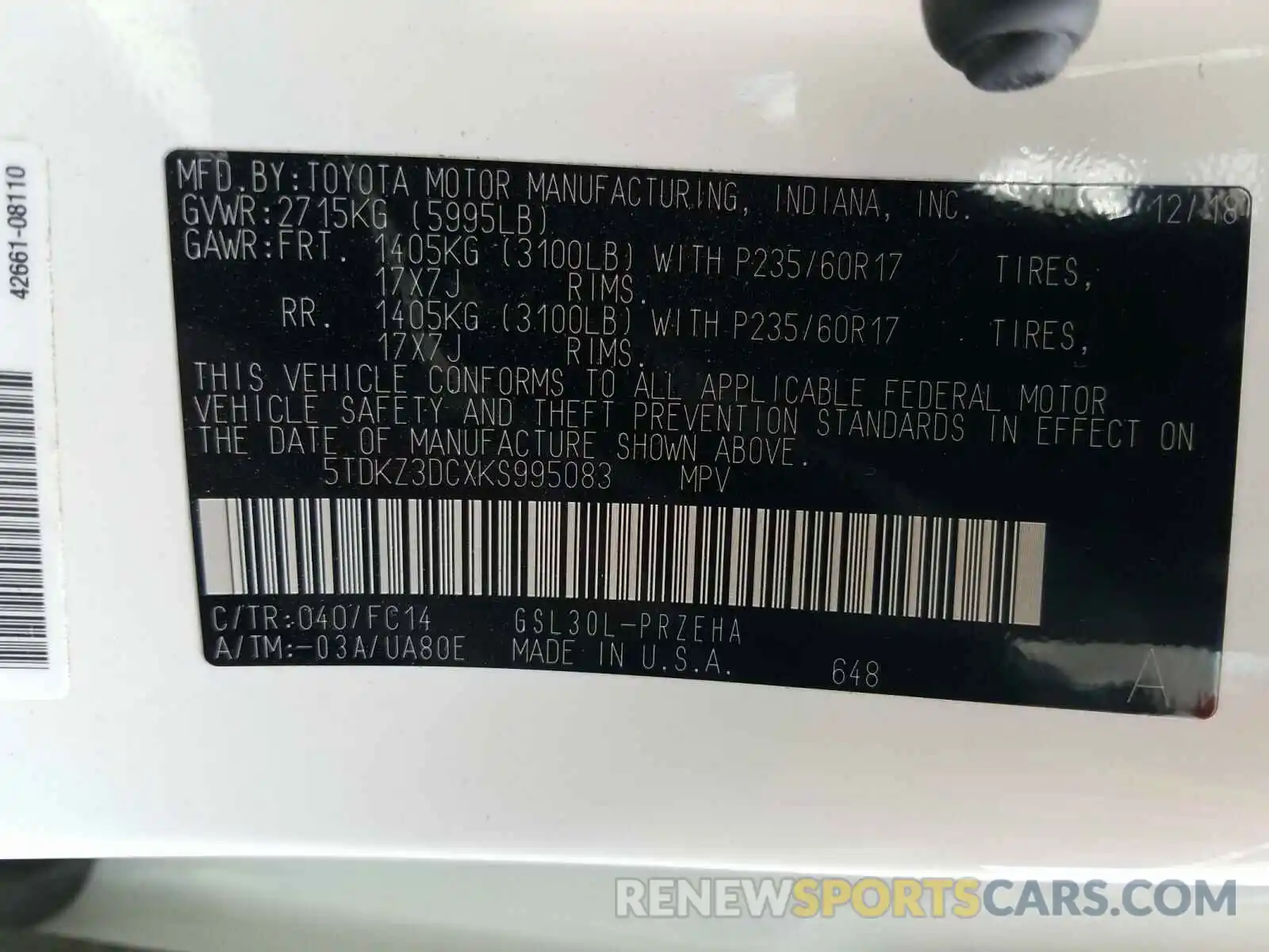 10 Photograph of a damaged car 5TDKZ3DCXKS995083 TOYOTA SIENNA 2019