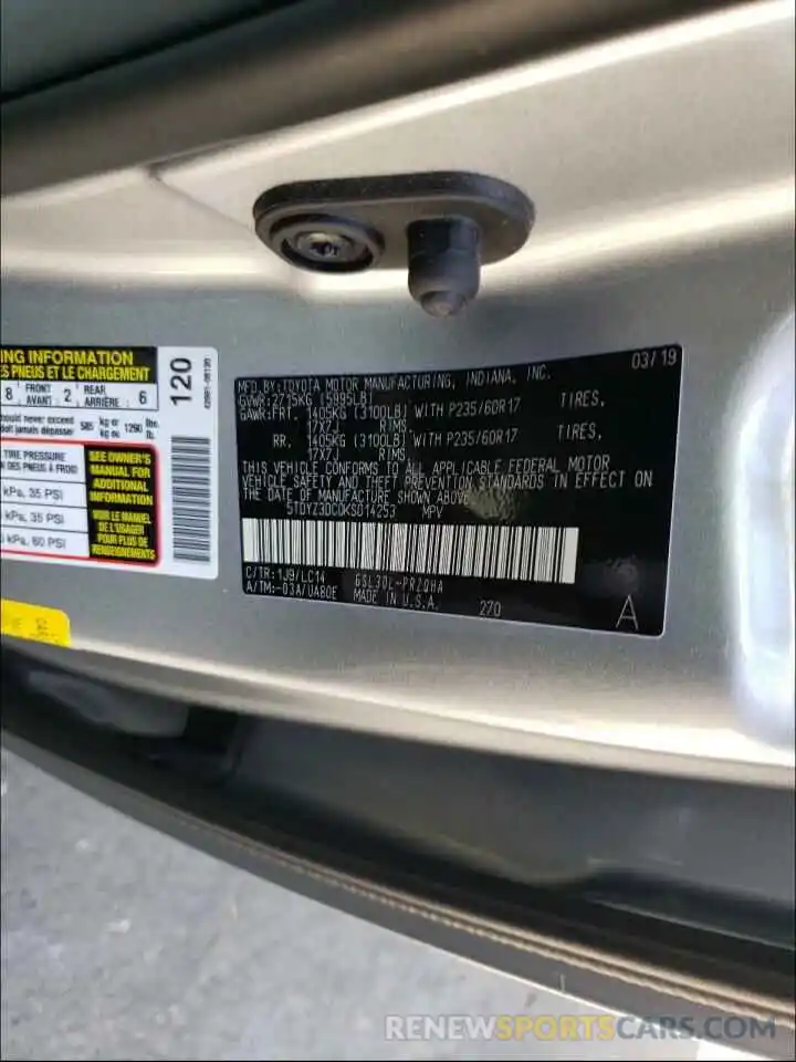 10 Photograph of a damaged car 5TDYZ3DC0KS014253 TOYOTA SIENNA 2019