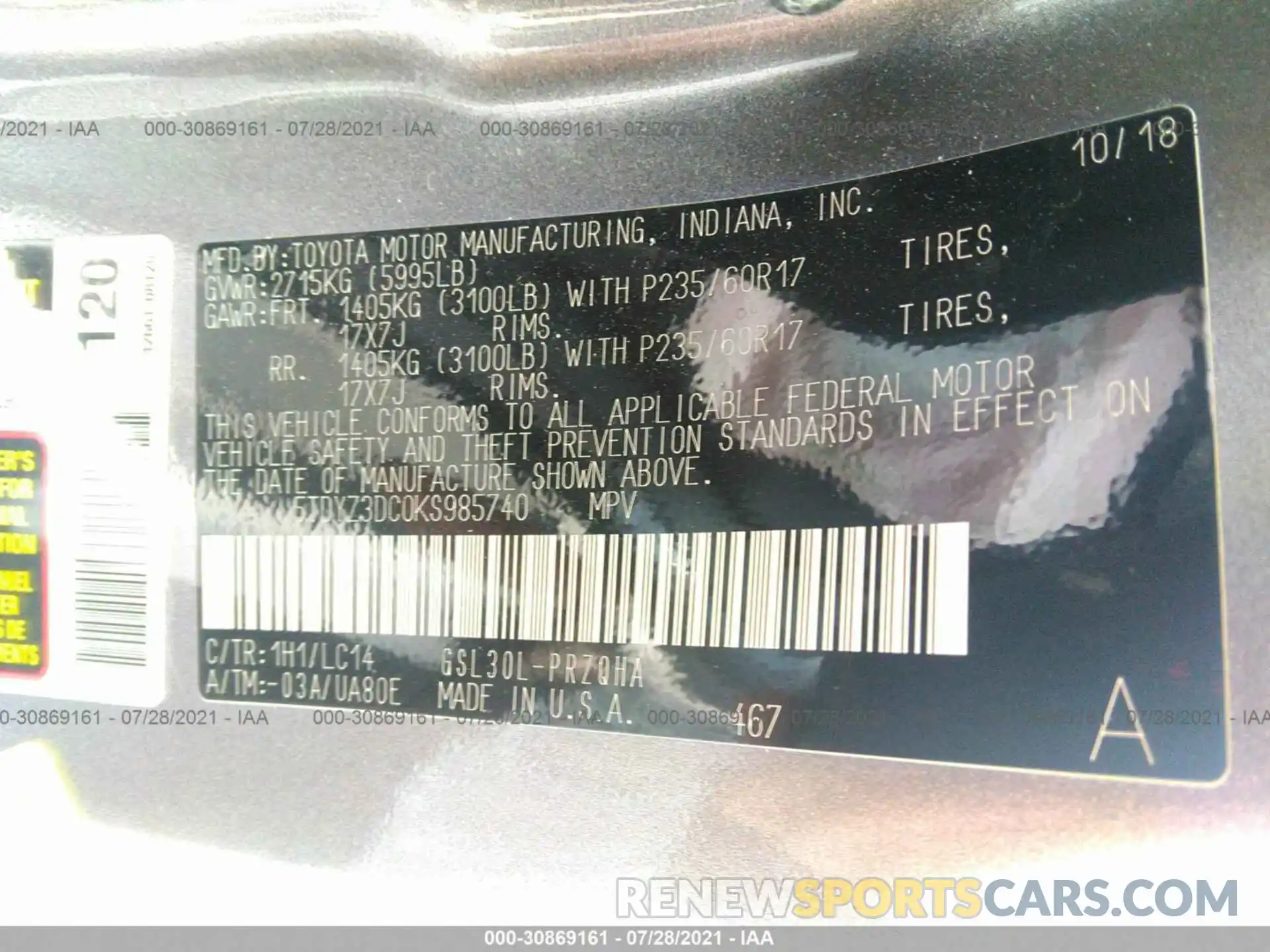 9 Photograph of a damaged car 5TDYZ3DC0KS985740 TOYOTA SIENNA 2019