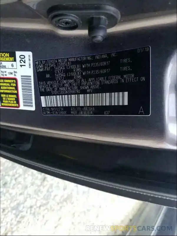 10 Photograph of a damaged car 5TDYZ3DC0KS998780 TOYOTA SIENNA 2019