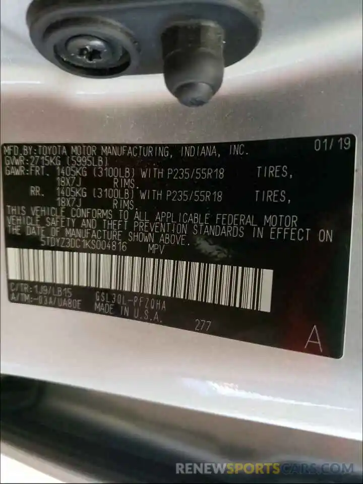 10 Photograph of a damaged car 5TDYZ3DC1KS004816 TOYOTA SIENNA 2019