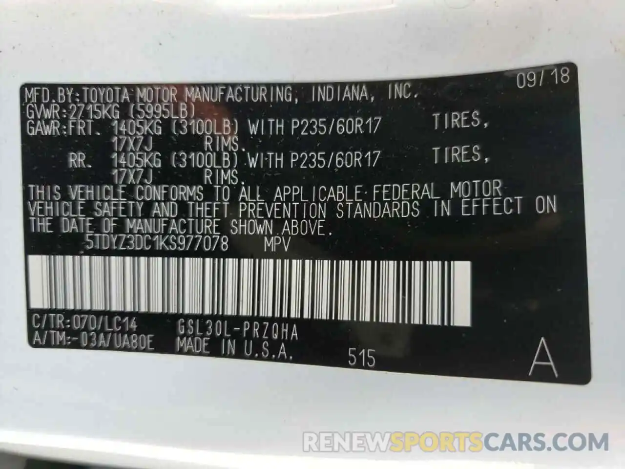 10 Photograph of a damaged car 5TDYZ3DC1KS977078 TOYOTA SIENNA 2019